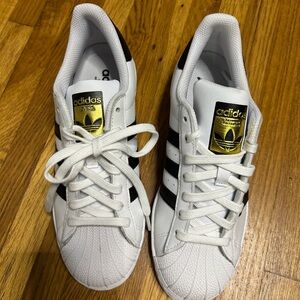Adidas Superstar White Black Gold Logo Sneakers Size 8